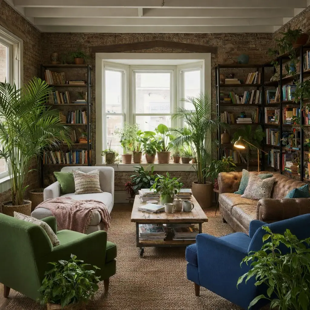 Intérieur de salon moderne et lumineux avec canapé gris et décoration contemporaine